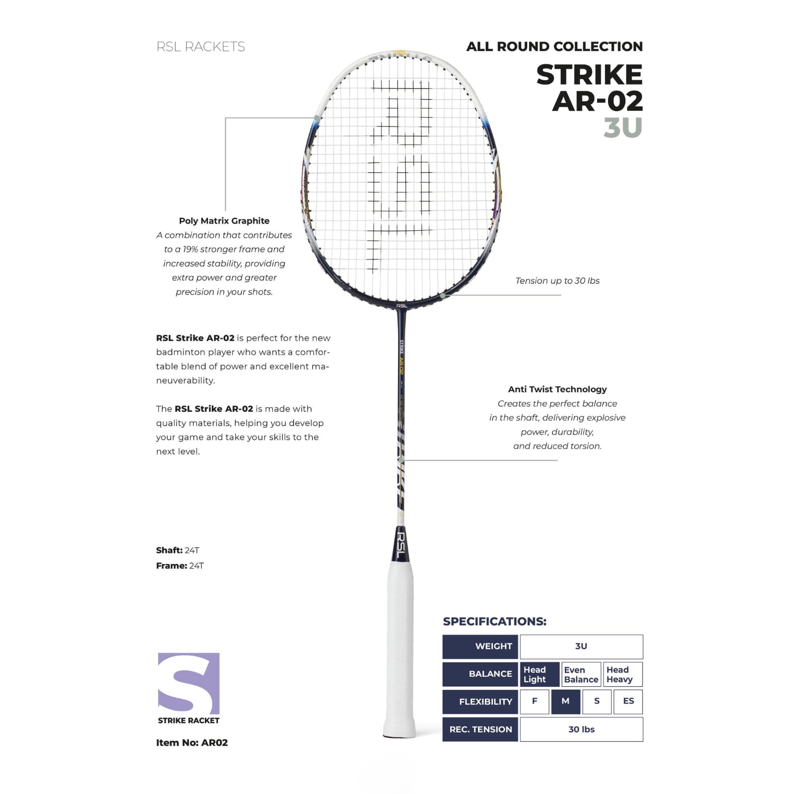 RSL Strike AR-02 Badmintonschläger - Besaitet